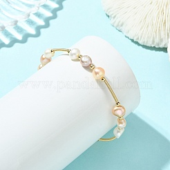 Nuggets Natural Cultured Freshwater Pearl & Brass Beaded Bangles&nbsp;BJEW-JB13979
