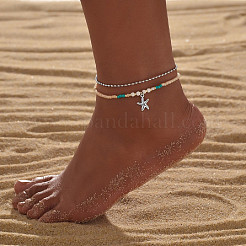 1Pc Starfish Alloy Charm Glass Seed Beaded Stretch Anklets and 1Pc Alloy Ball Chain Anklets&nbsp;FS-WGED47C-01