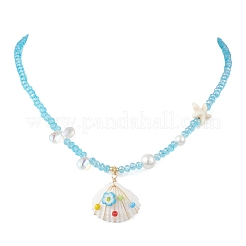 Ocean Natural Shell Copper Wire Wrapped Flower Shell Pendant Faceted Rondelle Glass and Round Shell Pearl Beaded Necklaces&nbsp;NJEW-TA00222