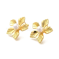 Rack Plating Flower Brass & ABS Imitation Pearl Stud Earrings&nbsp;EJEW-I310-21G