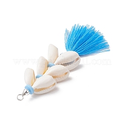 Natural Cowrie Shell & Handmade Polymer Clay Beads & Handmade Polycotton Tassel Big Pendants&nbsp;PALLOY-JF03785