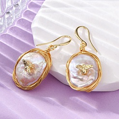 Oval with Insects Brass Baroque Pearl Dangle Earrings&nbsp;EJEW-Q043-03G
