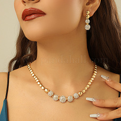 Brass Crystal Rhinestone Flat Round Link Chain Necklaces & Stud Dangle Earrings Sets for Women&nbsp;FS-WG8EC1E-01