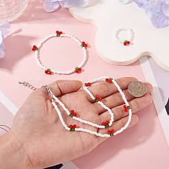 Cherry Glass Seed Beaded Necklaces & Bracelet & Finger Ring Sets for Women&nbsp;SJEW-TA0001-08