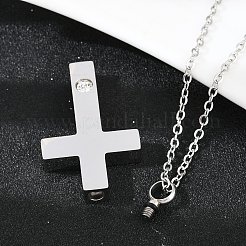 304 Stainless Steel Pave Clear Cubic Zirconia Cross Pendant Pet Urn Ashes Necklaces&nbsp;NJEW-S455-07P