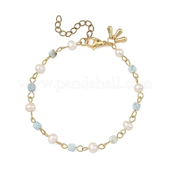 Natural Pearl & Larimar Cube Beaded Chain Bracelets for Women&nbsp;BJEW-JB14246