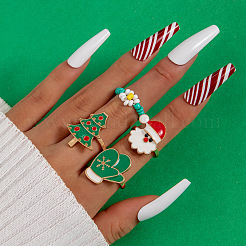 Christmas Theme Santa Claus & Christmas Tree & Glove Alloy Enamel & Flower Glass Seed Beaded Finger Rings Sets&nbsp;FS-WGEF6A6-01