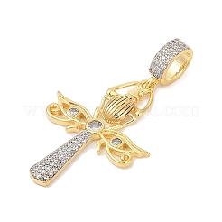 Brass Micro Pave Clear Cubic Zirconia Egyptian Ankh Cross Beetle European Dangle Charms&nbsp;KK-U058-47G