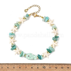 Ocean Natural Amazonite Chip & Synthetic Turquoise Starfish & Handmade Porcelain Fish Beaded Anklets for Women&nbsp;AJEW-AN00864