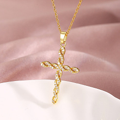 Religion 304 Stainless Steel Micro Pave Clear Cubic Zirconia Twisted Cross Pendant Necklaces for Women&nbsp;WG62B61-01