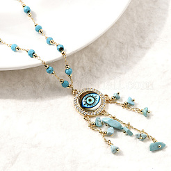 Boho Brass Resin Evil Eye Pendant Necklaces with Dyed Natural Howlite Chip Tassel&nbsp;NJEW-L014-03G