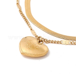Ion Plating(IP) 304 Stainless Steel Heart with Word Love You Charm Double Layers Multi-strand Anklet with Curb & Snake Chains for Women&nbsp;AJEW-I064-05G