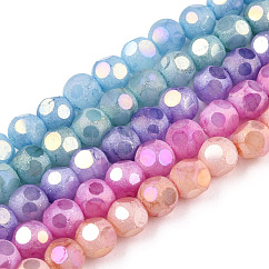 Opaque Frosted Glass Beads Strands, AB Color Plated, Faceted, Round, Mixed Color, 6.5x6mm, Hole: 1.5mm, about 70pcs/strand, 16.38 inch(41.6cm)