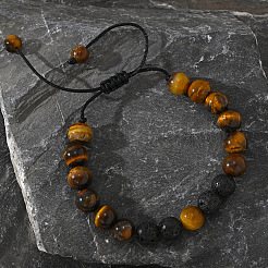 Natural Lave Rock & Tiger Eye Round Beads Braided Bead Bracelets&nbsp;AW3107-2