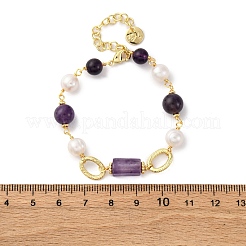 Natural Amethyst & Pearl Round Beads Link Bracelets for Women&nbsp;BJEW-Q039-01G