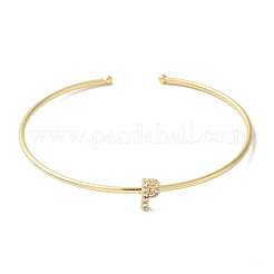 Rack Plating Brass Micro Pave Clear Cubic Zirconia Letter Open Cuff Bangles&nbsp;BJEW-A018-01G-P