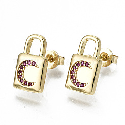Brass Micro Pave Cubic Zirconia Padlock Stud Earrings&nbsp;EJEW-N011-27-NF