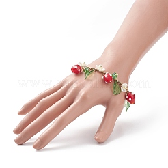 Plastic Imitation Pearl Flower & Acrylic Leaf & Lampwork Strawberry Charms Bracelet&nbsp;BJEW-TA00181