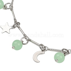 201 Stainless Steel Moon Star & Natural Dyed Malaysia Jade Round Charm Brass Bar Link Chain Anklets&nbsp;AJEW-AN00732-03