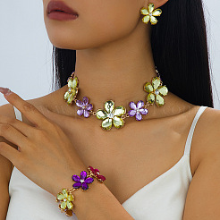 Alloy Glass Flower Stud Earring & Link Bracelets & Necklaces Sets&nbsp;FS-WG3B0F9-01