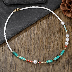 Bohemian Cuboid Dyed Natural Imperial Jasper & Red Agate & Synthetic Turquoise & Imitation Pearl & Glass Seed Beaded Necklaces&nbsp;TE0574-2