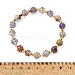 Round Natural Rutilated Quartz & Brass Beaded Stretch Bracelets for Women&nbsp;BJEW-JB14054