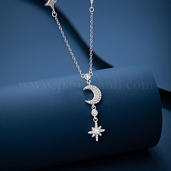 Star & Moon 925 Sterling Silver Micro Pave Clear Cubic Zirconia Pendant Necklaces&nbsp;WG720FB-01