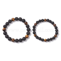 2Pcs 2 Styles Natural Lava Rock & Tiger Eye Round Beaded Stretch Bracelet Sets for Women Men&nbsp;BJEW-JB12248