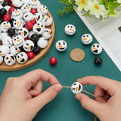 180Pcs 6 Styles Christmas Snowman Print Wood European Beads&nbsp;WOOD-PH0003-03B