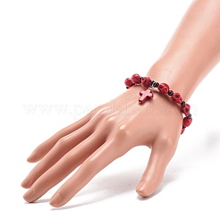 Natural Mashan Jade Skull Beaded Stretch Bracelet with Synthetic Turquoise(Dyed) Cross Charm&nbsp;BJEW-JB08378-02