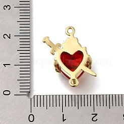 Brass FireBrick Cubic Zirconia Rose Heart with Sword Connector Charms&nbsp;X-KK-R002-27G-01