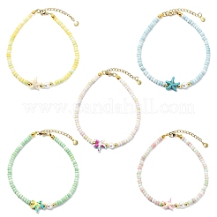Ocean Dyed Synthetic Turquoise Starfish & Rondelle Glass Beaded Anklets for Women&nbsp;AJEW-AN00806