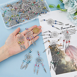36Pcs 4 Colors Tibetan Style Alloy Woven Net/Web with Feather European Dangle Charms&nbsp;HJEW-AB00503