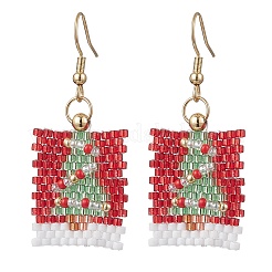 Rectangle with Christmas Tree Glass Seed Bead with 304 Stainless Steel Dangle Earrings&nbsp;EJEW-MZ00535