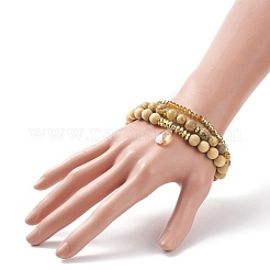 3Pcs 3 Style Natural & Synthetic Mixed Stone & Wood & Brass Stretch Bracelets Set with Glass Teardrop for Women&nbsp;BJEW-JB08355