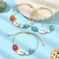Synthetic Turquoise & Natural Shell & Pearl Braided Bead Bracelets&nbsp;BJEW-TA00368