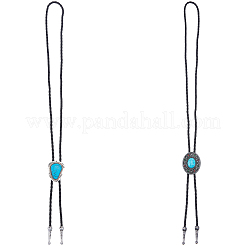 2Pcs 2 Styles Alloy & Synthetic Turquoise Oval Triangle Pendant Boho Tie Lariat Necklaces&nbsp;NJEW-GF0001-18