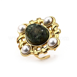 304 Stainless Steel with Natural Gemstone and Plastic Imitation Pearl Adjustable Cuff Rings for Women&nbsp;LS-RJEW-Z096-02G-02
