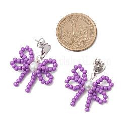 Heart with Bowknot Handmade Glass Seed Beads Dangle Stud Earrings&nbsp;EJEW-MZ00474-03