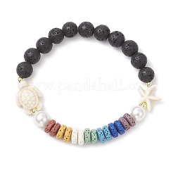 Natural Lava Rock & Synthetic Turquoise & Shell Pearl Beaded Stretch Bracelets for Women&nbsp;BJEW-JB12154