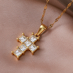 Vintage 304 Stainless Steel Square Crystal Rhinestone Religion Cross Pendant Necklaces for Women&nbsp;YN0388