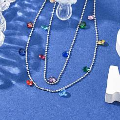 304 Stainless Steel Ball Chain Colorful Cubic Zirconia Flat Round Tassel Double Layer Necklaces for Women&nbsp;LS-NJEW-A051-05P