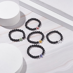 Natural Lava Rock Round Beaded Stretch Bracelet with Evil Eye Lampwork&nbsp;BJEW-JB07838