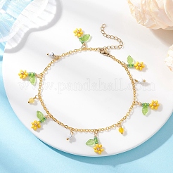 Faceted Round Natural Howlite & Glass Seed Beaded Flower Tassel Brass Cable Chain Anklets for Women&nbsp;AJEW-MZ00007-01