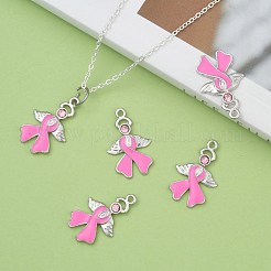 Breast Cancer Awareness Ribbon with Angel Wing Platinum Color Pearl Pink Alloy Rhinestone Enamel Pendants&nbsp;X-ENAM-D001-2