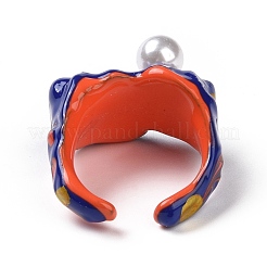 Brass Enamel Twist Open Cuff Ring with Acrylic Pearl for Women&nbsp;RJEW-H105-02