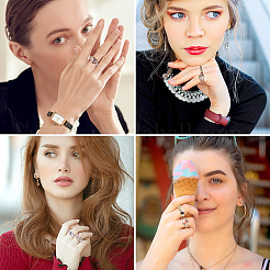 7Pcs 7 Style Rhinestone Heart & Star & Half Round Open Cuff Rings Set with Cat Eye Beaded&nbsp;RJEW-TA0001-03