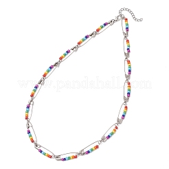 Chakra Colorful Glass Seed Beaded Iron Safety Pin Link Chain Necklaces&nbsp;NJEW-JN05670