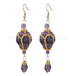 Teardrop Natural Amethyst & Glass Beaded Dangle Earrings&nbsp;EJEW-MZ00686-02