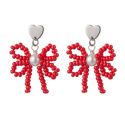 Heart with Bowknot Handmade Glass Seed Beads Dangle Stud Earrings&nbsp;EJEW-MZ00474-02
